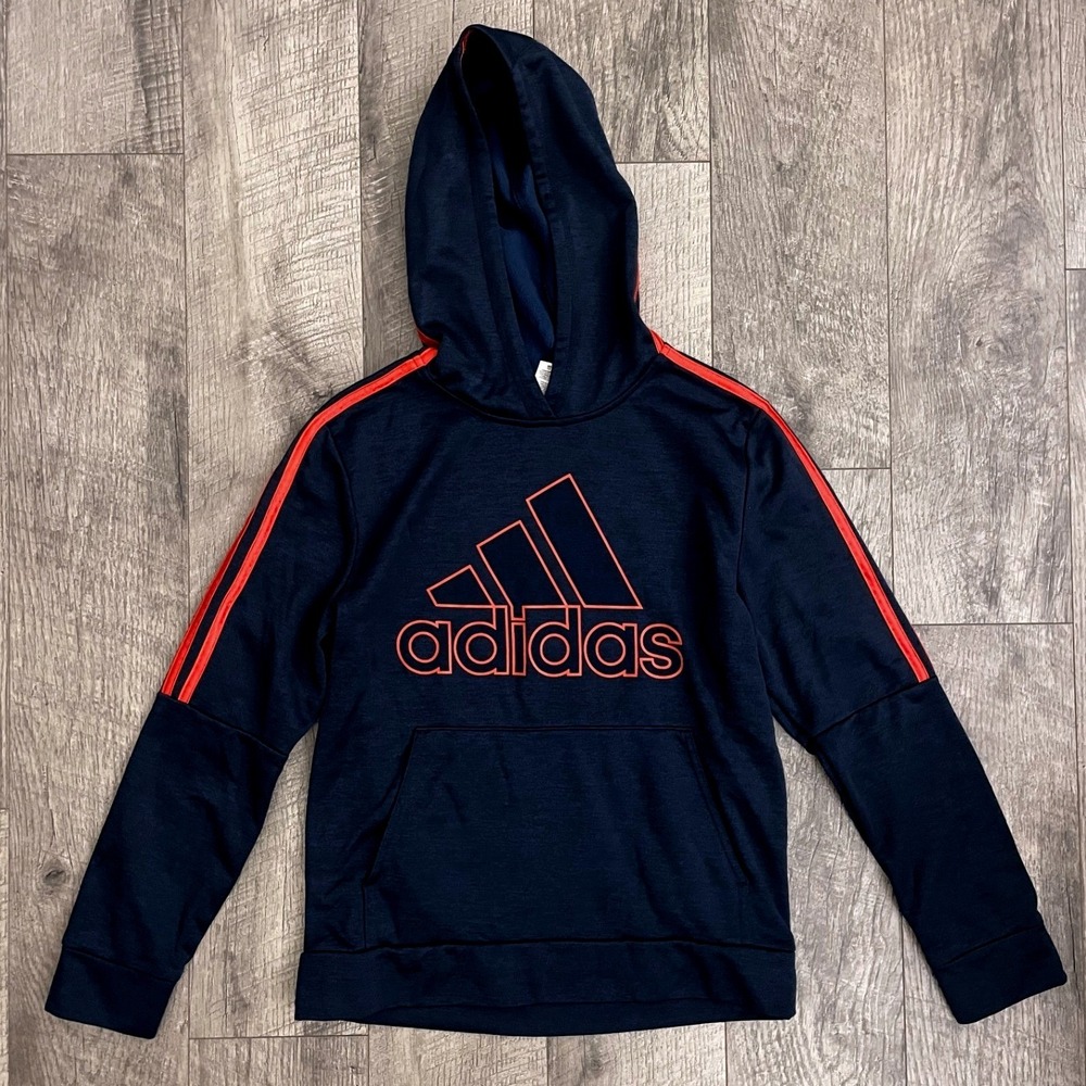 Adidas Kids Navy Blue Red Stripe Logo Pullover Hoodie Sweatshirt L 14/16‎